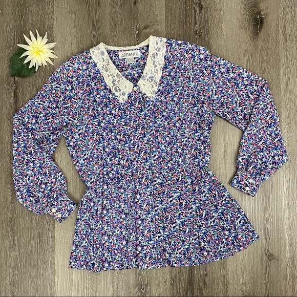 Vintage 80’s Blue Multi-Print Pleated Peplum Button-Up Blouse with Lace Collar - Picture 11 of 13
